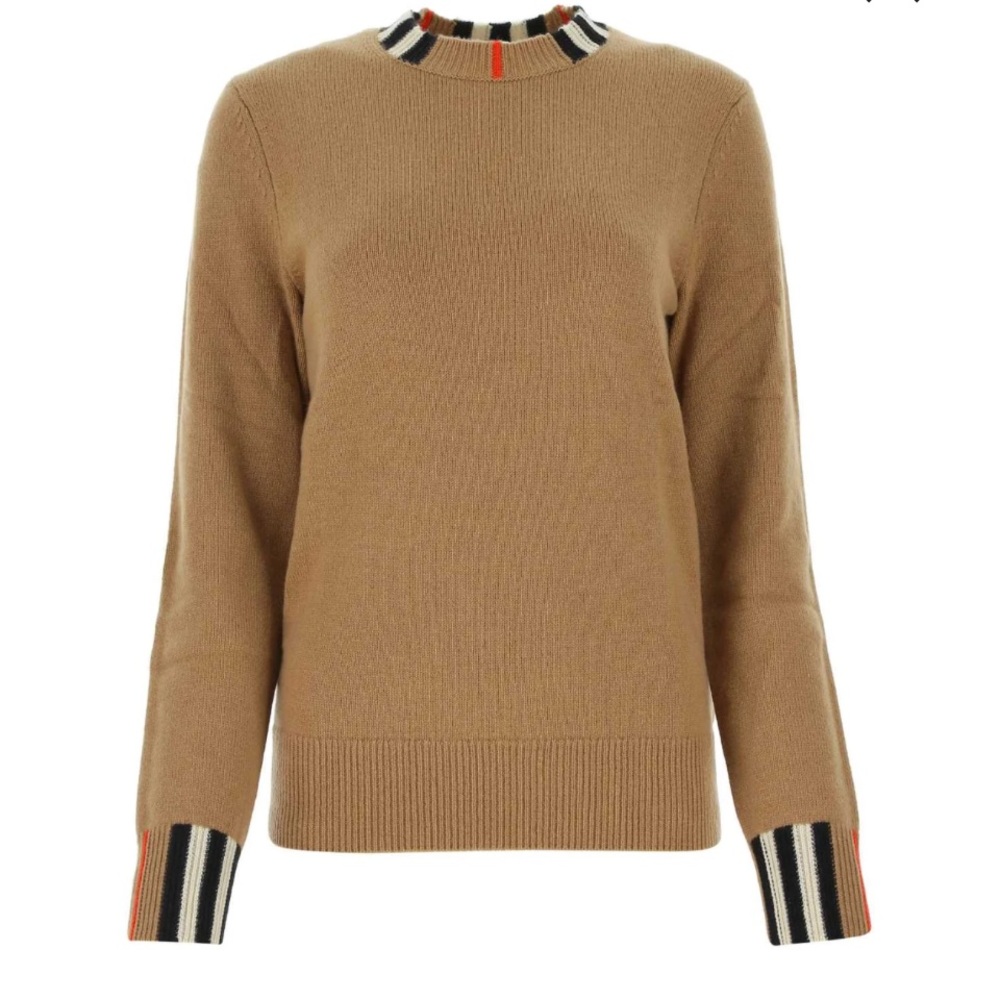 Burberry Check Trimmed Cashmere Sweater Tan Size Small